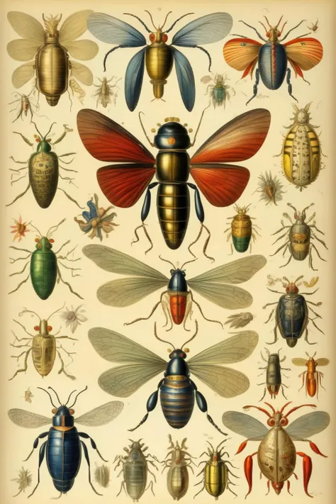 <lora:Maria Sibylla Merian Style:1>Maria Sibylla Merian Style - Design a scientific illustration of summer insects in Mexico. Make some of them robots. Capture the essence of these remarkable organisms with meticulous attention to detail, highlighting their unique colorful features. Draw inspiration from the scientific illustration techniques of Ernst Haeckel and Maria Sibylla Merian, infusing the artwork with their distinctive style. Arrange the different animals in a composition that mimics the orderly presentation of a scientific catalog.