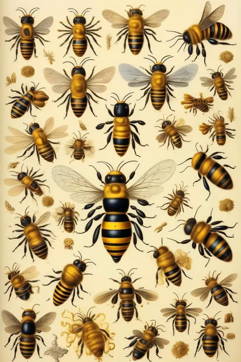 <lora:Maria Sibylla Merian Style:1>Maria Sibylla Merian Style - Beautiful, perfectly drawn Impressive honey bees in the style of Jan Christian Sepp