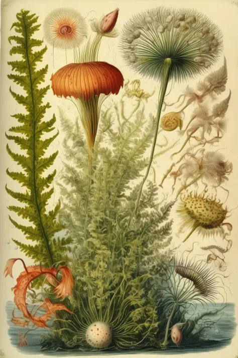 <lora:Maria Sibylla Merian Style:1>Maria Sibylla Merian Style - other worldly underwater seaweed, fern fronds, poppy and dandelion seed heads, orchids and actiniae
