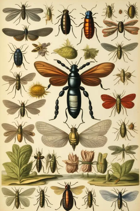 <lora:Maria Sibylla Merian Style:1>Maria Sibylla Merian Style - a naturalist illustration of different insects in the style of Maria Sibylla Merian