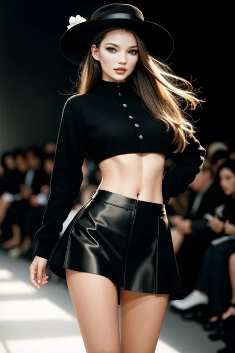 ((Masterpiece, best quality,edgQuality)),smirk,smug,
edgKM, a woman in a black skirt and hat walks down a runway ,wearing edgKM
<lora:edgMoss:1>