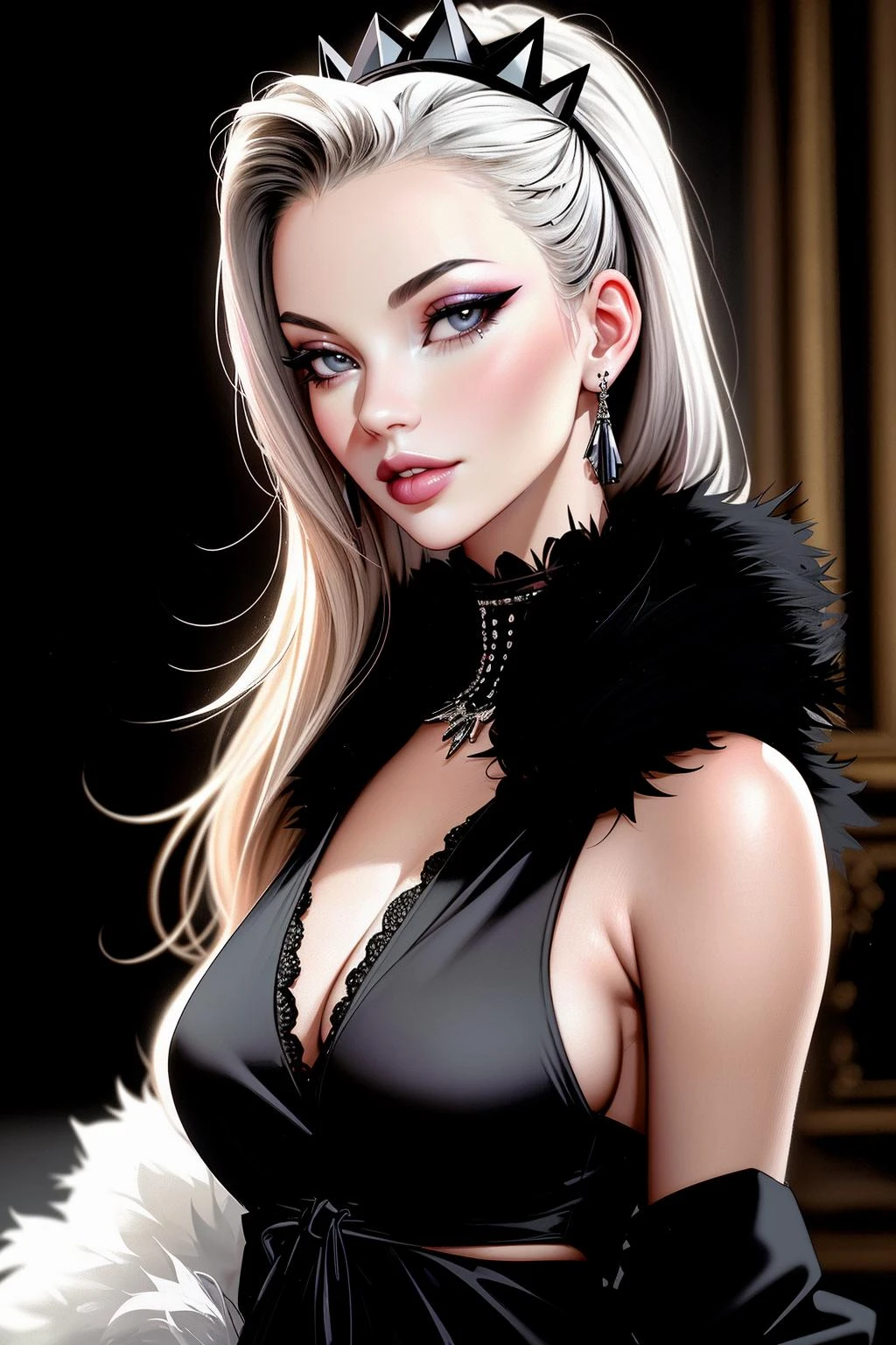 ((Masterpiece, best quality,edgQuality)),smirk,smug,bimbo,
edgKM, a woman in a black dress and white fur stole ,wearing edgKM,high heels
<lora:edgMoss:1>