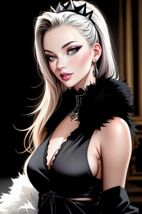 ((Masterpiece, best quality,edgQuality)),smirk,smug,bimbo,
edgKM, a woman in a black dress and white fur stole ,wearing edgKM,high heels
 <lora:edgMoss:1>