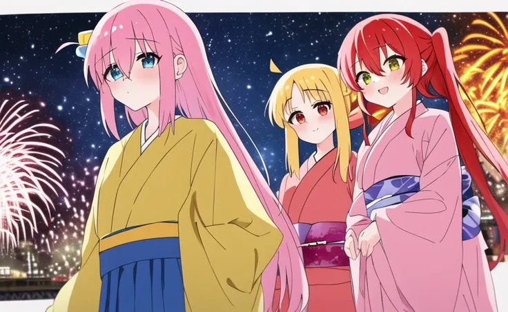 night sky, (4girls), (KitaIkuyo Bocchi IjichiNijika), ((ink, watercolor)), in surrounded by wood wall under anime firework in night sky, cowboy shot with hands, [detailed face with beautiful eyes], blue hair, yellow hair, red hair, pink hair, cinematic angle, intricate detail background , anime coloring, 4K highres wallpaper, 4 cases