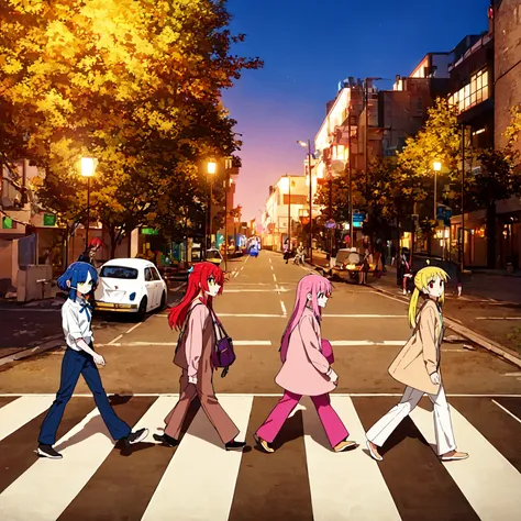 4girls, crosswalk, Bocchi, (KitaIkuyo:1.3), IjichiNijika, YamadaRyo,