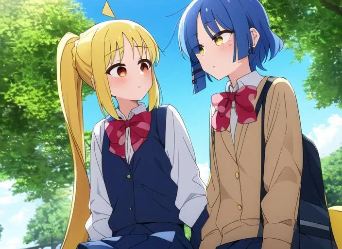 (2girls), (IjichiNijika YamadaRyo), yuri, close to each other,  in school uniform (outdoors in park under blue sky) facing front , cowboy shot, (blue hair), yellow hair,  intricate beautiful background, highly detailed cg, 4K wallpaper, [[[detailed face with beautiful eyes]]]