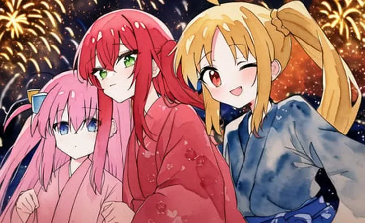 blue clothes (3girls), (KitaIkuyo Bocchi IjichiNijika), ((ink, watercolor)), in kimono very close to each other, on wood platform under anime firework in night sky, cowboy shot with hands, [detailed face with beautiful eyes], blue hair, yellow hair, red hair, pink hair, cinematic angle, intricate detail background , anime coloring, 4K highres wallpaper