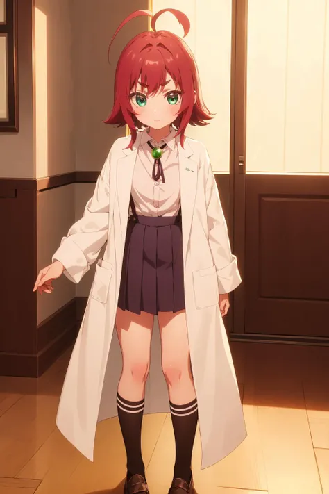 <lora:KusuriYakuzenV1-000004:0.8>1girl,kusuriyakuzenbianxiao,solo,antenna hair,heart ahoge,short hair,red hair,short eyebrows,thick eyebrows,green eyes,aqua eyes,aged down,
green jewelry neck ribbon,white lab coat,long sleeves,white pink collared shirt,suspender dark pleated skirt,dark knee-high socks,
black loafers,, Exquisite visuals, high-definition,masterpiece,best quality,Exquisite visuals,high-definition,masterpiece,best quality,18yo,Young female,Beautiful Fingers,Beautiful long legs,Beautiful body,Beautiful character design,