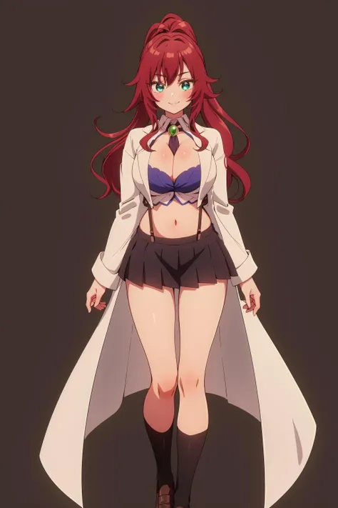 <lora:KusuriYakuzenV2:0.8>,kusuriyakuzen,1girl,solo,long hair,ponytail,antenna hair,red hair,hair intakes,blue eyes,green eyes,blush,smile,
white lab coat,long sleeves,green jewelry neck ribbon between cleavage,large breasts,navel,midriff,cleavage cutout purple white collared shirt,suspender dark pleated miniskirt,dark knee-high socks,black loafers,, Exquisite visuals, high-definition,masterpiece,best quality,Exquisite visuals,high-definition,masterpiece,best quality,18yo,Young female,Beautiful Fingers,Beautiful long legs,Beautiful body,Beautiful character design,