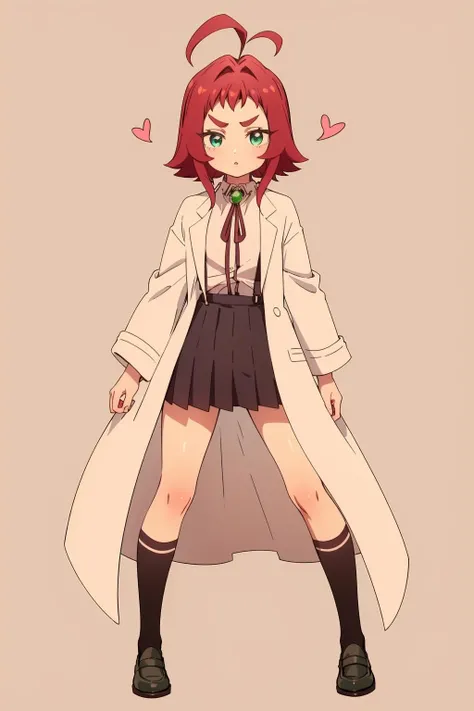 <lora:KusuriYakuzenV2:0.8>,1girl,kusuriyakuzenbianxiao,solo,antenna hair,heart ahoge,short hair,red hair,short eyebrows,thick eyebrows,green eyes,aqua eyes,aged down,
green jewelry neck ribbon,white lab coat,long sleeves,white pink collared shirt,suspender dark pleated skirt,dark knee-high socks,
black loafers,, Exquisite visuals, high-definition,masterpiece,best quality,Exquisite visuals,high-definition,masterpiece,best quality,18yo,Young female,Beautiful Fingers,Beautiful long legs,Beautiful body,Beautiful character design,
