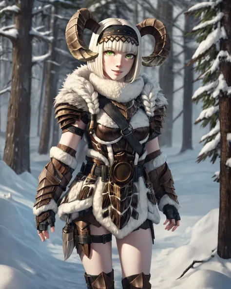 character portrait of a sexy,female,human,(banbaroarmor),solo,hi res,soft shading,good anatomy,cinematic lighting,by seraziel,by woolrool,buta99,detailed background,realistic,snow,green eyes,beta horns,headband,white hair,short hair,[[[[smile]]]],fingerless gloves,