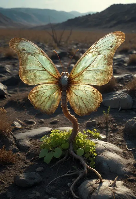 (medium full shot) of translucent (majestic hybrid creature) with fungal spotted earthy brown skin, bioluminescent patches, vine-like appendages, extra eyes on the forehead, insect wings, luminescent eyes, fungal spores, set in  a desolate wasteland, with barren, cracked earth stretching to the horizon, sparse, twisted vegetation struggling to survive in the harsh environment , ,Masterpiece,best quality, photo, realistic, very aesthetic, dark