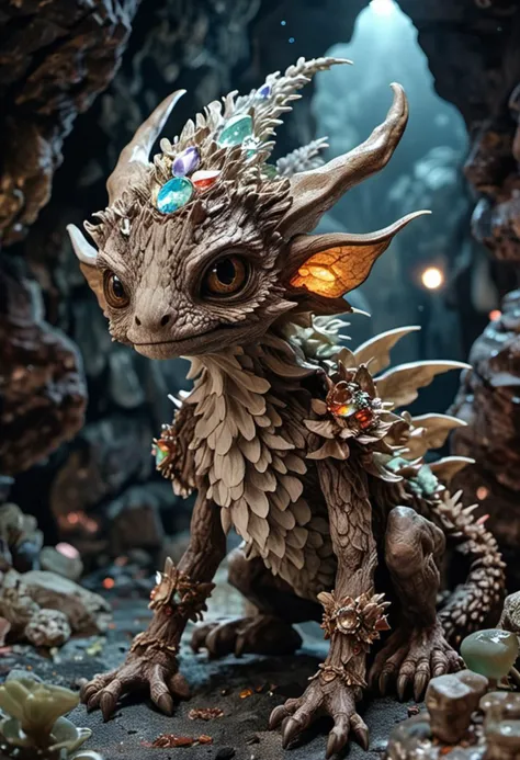 (medium full shot) of (ethereal hybrid creature) with bark-like earthy brown skin, scaly skin, leafy hands, mushroom cap, tail, luminescent eyes, adorned with ancient markings, in set in  a crystalline cavern, with walls sparkling with embedded crystals, the light refracting through the gems, casting colorful patterns on the surrounding rock, during twilight, ,Masterpiece,best quality, photo, realistic, very aesthetic