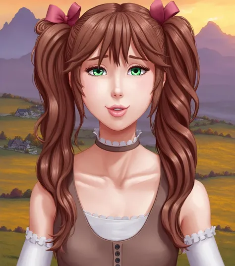 1boy, femboy, (hiro:1.1), brown hair, twintails, flat chest, portrait, closeup, upper body, lips, parted lips, long hair, hair bow, looking at viewer, buttons, bare shoulders, green eyes, choker, eyelashes, solo, mountains background, art, majalis <lora:majalis_style_sdxl:0.8>