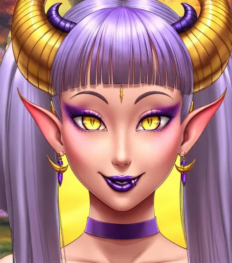 (1girl, demonking, slit pupils:1.1), (closeup:0.7), demon girl, earrings, eyelashes, eyeshadow, freckles, horns, hair ornament, smile, jewelry, lipstick, long hair, looking at viewer, makeup, piercing, pointy ears, purple hair, purple lips, solo, twintails, yellow eyes, majalis <lora:majalis_style_sdxl:0.8>