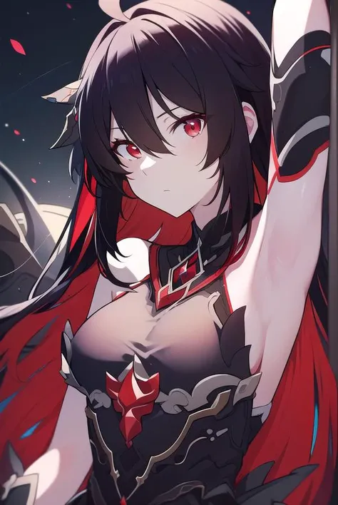 (Honkai Impact 3rd) veliona black hair, red eyes, long hair, hair ornament, medium breasts, black dress, red skirt, metal decorations,evil smile,full nakеd shemale