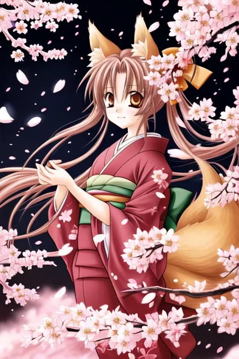 1 girl, fox ears, kimono, cherry blossoms, petals <lora:retrocute:0.8>