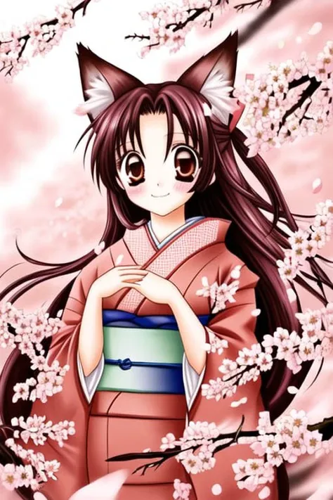 1 girl, fox ears, kimono, cherry blossoms, petals <lora:retrocute:0.8>