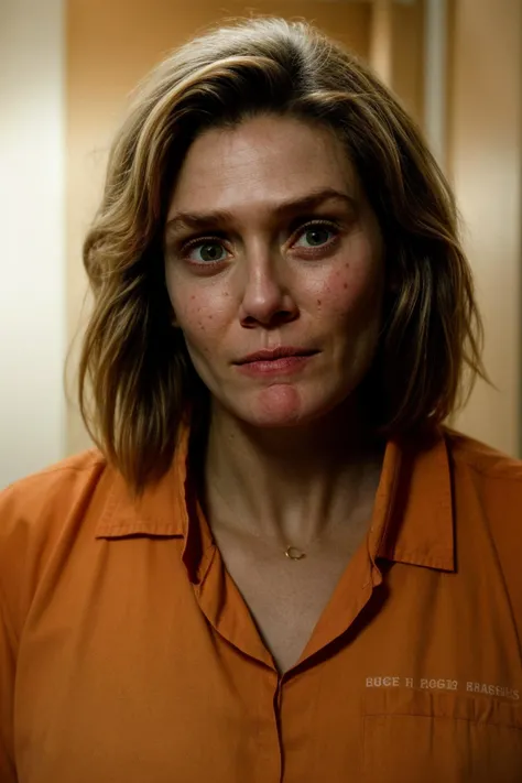 portrait photograph, upper body , a female prisoner in an orange shirt standing in a prison, bruise on face, sad, soft lighting, (high detailed skin:1.1)
<lora:0more_details:1> <lora:candy_montgomery_lora_v01:1> candmont