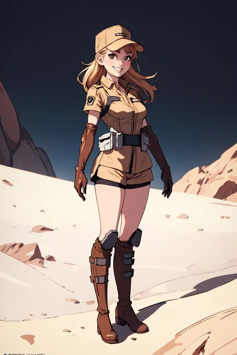 (masterpiece),(best quality),1girl,twinklenora, <lora:TwinkleNora:0.8>,long hair,hat,short sleeves,belt,brown clothes,elbow gloves,medium breasts,holster,shorts,standing,full body,arms at sides,facing viewer,smiling,pouch,on barren planet,knee boots