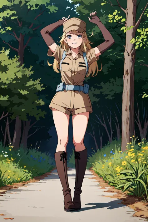 1girl,twinklenora, <lora:TwinkleNora:0.8>,long hair,hat,short sleeves,belt,brown clothes,elbow gloves,medium breasts,holster,shorts,standing,full body,arms at sides,facing viewer,smiling,pouch,in forest,knee boots