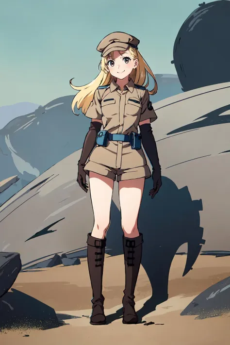 1girl,twinklenora, <lora:TwinkleNora:0.8>,long hair,hat,short sleeves,belt,brown clothes,elbow gloves,medium breasts,holster,shorts,standing,full body,arms at sides,facing viewer,smiling,pouch,on barren planet,knee boots