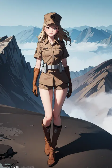 (masterpiece),(best quality),cinematic lighting,1girl,twinklenora, <lora:TwinkleNora:0.8>,long hair,hat,short sleeves,belt,brown clothes,elbow gloves,medium breasts,holster,shorts,standing,full body,arms at sides,facing viewer,smiling,pouch,on beautiful mountain plateau,foggy,knee boots