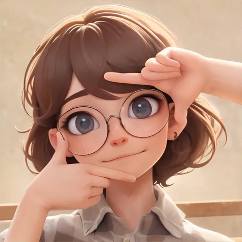 <lora:fingerframepose:1.00>, finger frame, <lora:bzl:0.8>, bzl_test, flannel shirt, curly brown hair, (grey|blue) eyes, glasses, (freckles:0.4), simple background || masterpiece, 8k, high resolution, shallow depth of field, sharp focus