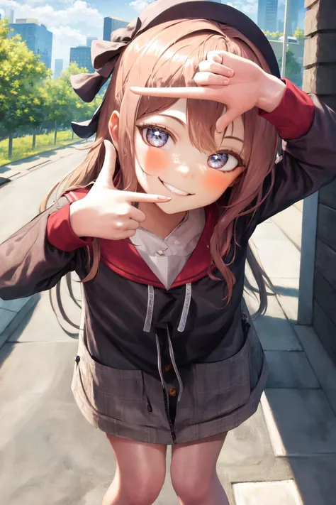 masterpiece, best quality, highres, 1girl, smile, head tilt, finger frame, leaning forward <lora:finger_frame_final:1>