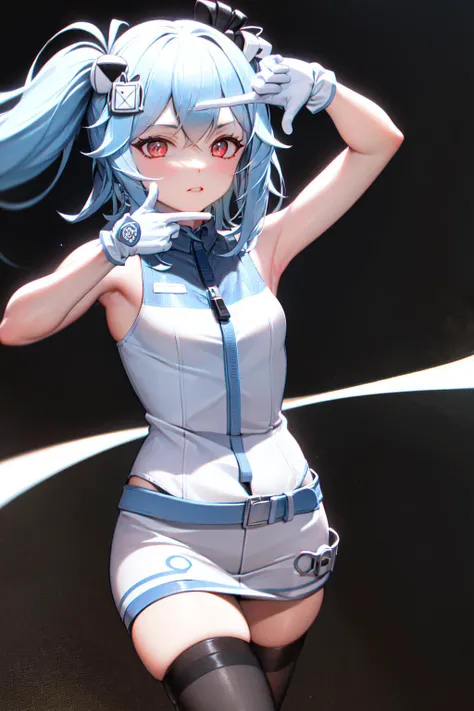 masterpiece, best quality, highres, 1girl 33 hair ornament, finger frame, shirt skirt black thighhighs white gloves <lora:33:1> <lora:finger_frame_final:1>