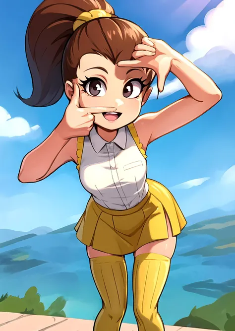 <lora:GoodHands-beta2:1> 1girl, <lora:LuanLoud:0.8> LuanLoud, ponytail, black eyes, hollow eyes, outdoors, white shirt, brown hair, :d, small breasts, hair slicked back,
sleeveless, thighhighs, yellow legwear, ribbed thighhighs, yellow skirt, leaning forward,
<lora:finger_frame_final:1.2> finger frame,
<lora:PlantPenetrator:0.4> <lora:khyleri_ex-07:0.4>