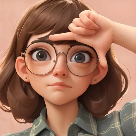 <lora:fingerframepose:1.00>, finger frame, <lora:bzl:0.8>, bzl_test, flannel shirt, curly brown hair, (grey|blue) eyes, glasses, (freckles:0.4), simple background || masterpiece, 8k, high resolution, shallow depth of field, sharp focus