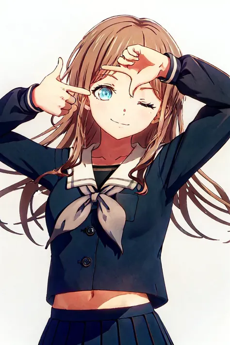masterpiece,best quality,highres,1girl,finger frame,one eye closed,white background,<lora:FingerFramePoseLoRAææç¸æ¡:1.1>,solo,long hair,brown hair,school uniform,blue eye,serafuku,sailor collar,upper_body,<lora:colorfulPencilså½©è²éç¬:1>,upper body,pleated skirt,<lora:mygo_ç´ ä¸nagasaki_soyo_bangdreamitsmygo:0.7>,mygo_ç´ ä¸nagasaki_soyo_bangdreamitsmygo,looking_at_viewer,front view,seductive_smile,