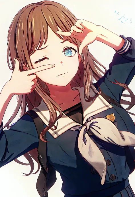 masterpiece,best quality,highres,1girl,finger frame,one eye closed,white background,<lora:FingerFramePoseLoRAææç¸æ¡:1.1>,solo,long hair,brown hair,school uniform,blue eye,serafuku,sailor collar,upper_body,<lora:colorfulPencilså½©è²éç¬:1>,upper body,pleated skirt,<lora:mygo_ç´ ä¸nagasaki_soyo_bangdreamitsmygo:0.9>,mygo_ç´ ä¸nagasaki_soyo_bangdreamitsmygo,