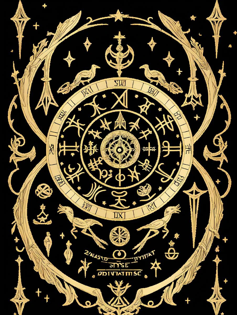best quality, masterpiece, horoscope, star(sign), tarot, dark background, zodiacStyle, <lora:mysterious-signs_first-ver:0.7>