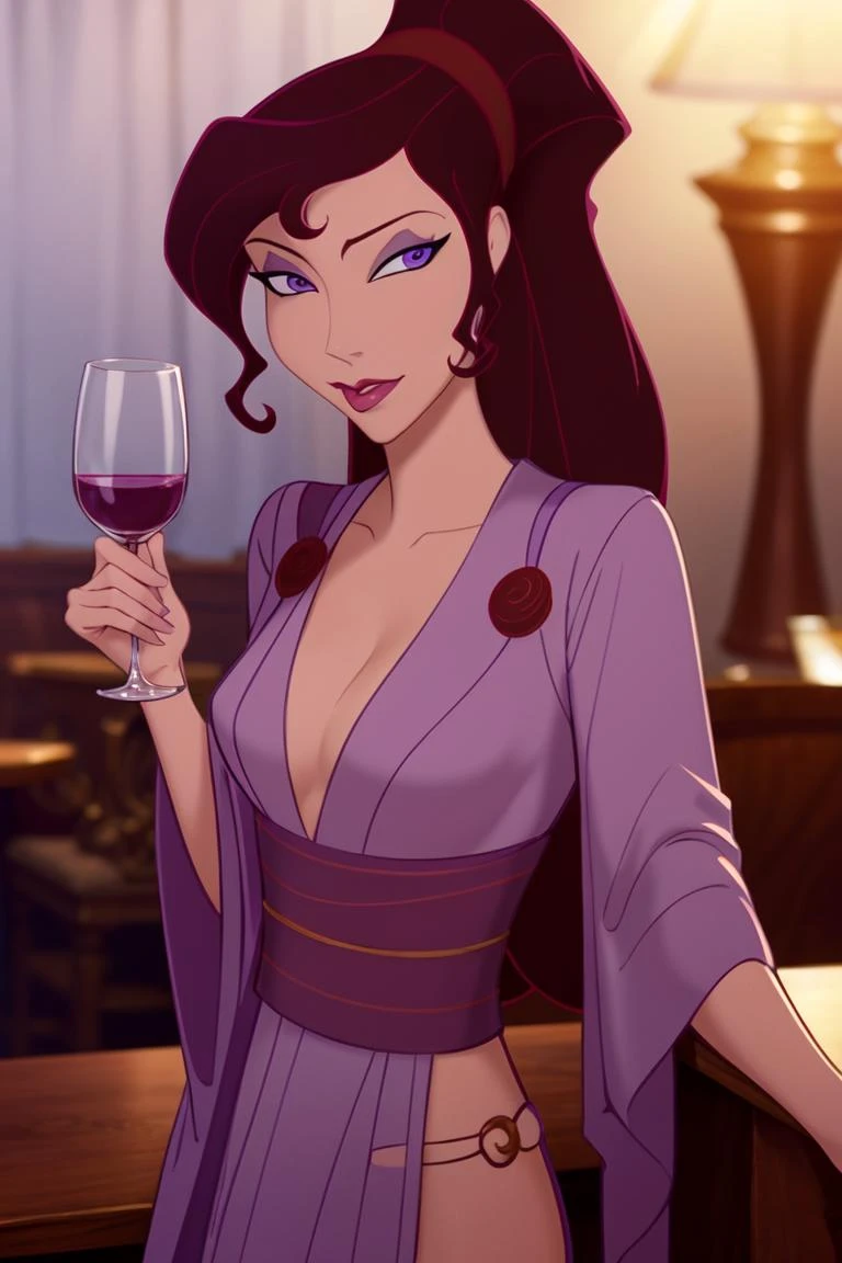 modelshoot style, parted lips, upperbody, female focus, looking at viewer,
megherc, 1girl, lips, long brunette hair, ponytail, purple eyes, eyeshadow, holding wine glass, silk robes, loose robes,
indoors, gentlemen's club, rich, greece stylings,
illustrated, rich colors, depth of field, blurred background,
<lora:megara_v1:0.75>