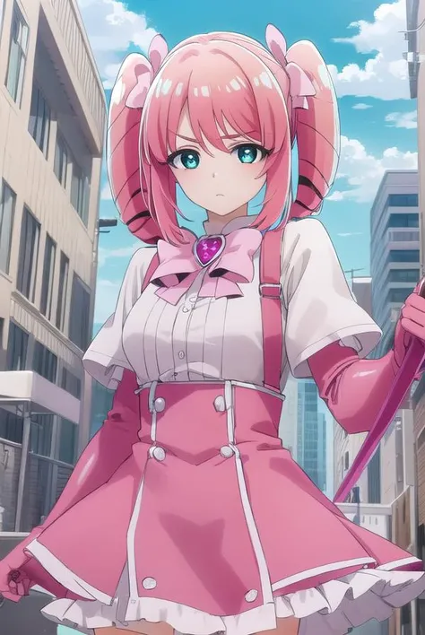 harukahanabishi, <lora:haruka hanabishi-lora-nochekaiser:1>,
haruka hanabishi, twintails, (green eyes:1.3), pink hair,
BREAK thighhighs, gloves, dress, bow, magical girl, pink gloves,
BREAK outdoors, city, sky, sun, clouds,
BREAK looking at viewer, (cowboy shot:1.5),
BREAK <lyco:GoodHands-beta2:1>, (masterpiece:1.2), best quality, high resolution, unity 8k wallpaper, (illustration:0.8), (beautiful detailed eyes:1.6), extremely detailed face, perfect lighting, extremely detailed CG, (perfect hands, perfect anatomy),