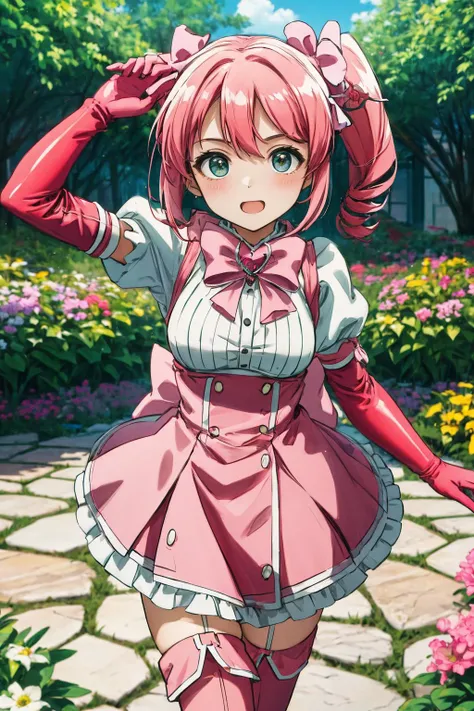 (masterpiece), best quality, (((ultra detailed, 8k quality))), expressive eyes, perfect face, perfect anatomy, perfect body, scene, <lora:scene_:0.7>, <lora:more_details:0.7>, <lora:beautiful_detailed_eyes:0.5>, <lora:GoodHands-beta2:0.7>,
haruka hanabishi, twintails, (green eyes:1.3), pink hair, smile, <lora:haruka hanabishi-lora-nochekaiser:0.6>, garden, thighhighs, gloves, dress, bow, magical girl, pink gloves, magical girl poseµ