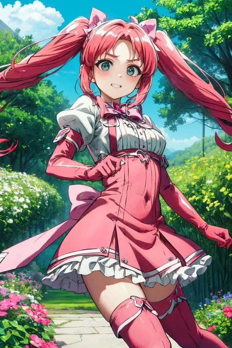 (masterpiece), best quality, (((ultra detailed, 8k quality))), expressive eyes, perfect face, perfect anatomy, perfect body, scene, <lora:scene_:0.7>, <lora:more_details:0.7>, <lora:beautiful_detailed_eyes:0.5>, <lora:GoodHands-beta2:0.7>,
haruka hanabishi, twintails, (green eyes:1.3), pink hair, smile, <lora:haruka hanabishi-lora-nochekaiser:0.6>, garden, thighhighs, gloves, dress, bow, magical girl, pink gloves, magical girl poseµ
