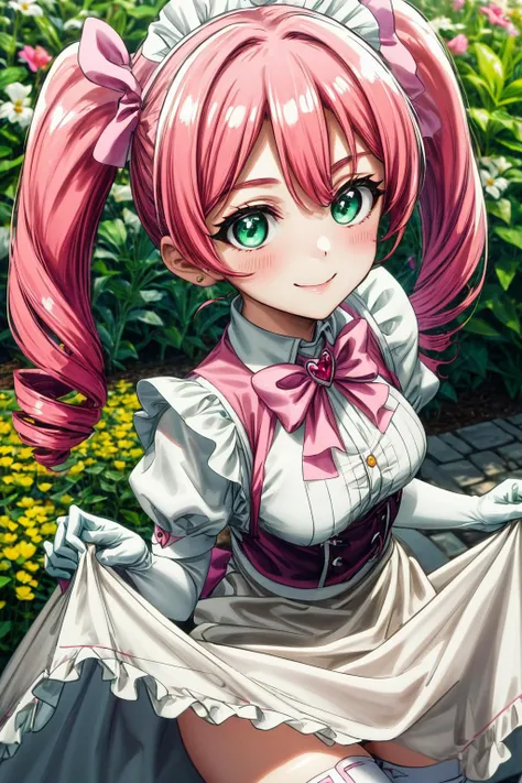 (masterpiece), best quality, (((ultra detailed, 8k quality))), expressive eyes, perfect face, perfect anatomy, perfect body, scene, <lora:scene_:0.7>, <lora:more_details:0.7>, <lora:beautiful_detailed_eyes:0.5>, <lora:GoodHands-vanilla:0.7>,
haruka hanabishi, twintails, (green eyes:1.3), pink hair, smile, <lora:haruka hanabishi-lora-nochekaiser:0.6>, garden, thighhighs, gloves, dress, bow, magical girl, pink gloves, close portrait, maid, maid headdress, smile, skirt hold, garden, portrait, close-up, purple hair