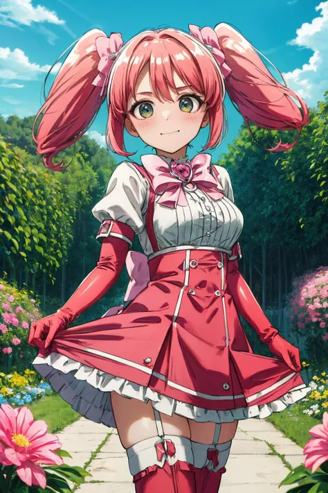 (masterpiece), best quality, (((ultra detailed, 8k quality))), expressive eyes, perfect face, perfect anatomy, perfect body, scene, <lora:scene_:0.7>, <lora:more_details:0.7>, <lora:beautiful_detailed_eyes:0.5>, <lora:GoodHands-vanilla:0.7>,
haruka hanabishi, twintails, (green eyes:1.3), pink hair, smile, <lora:haruka hanabishi-lora-nochekaiser:0.6>, garden, thighhighs, gloves, dress, bow, magical girl, pink gloves, standing, lifted skirt, embarased