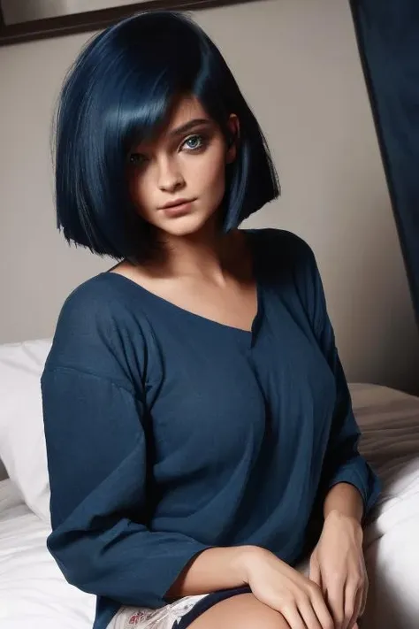 (masterpiece, best quality, high quality, highres, ultra-detailed), indiana model  girl sitting on bed, bedroom, (dark blue bob hair:1.5),  <lora:Indiana:0.8>