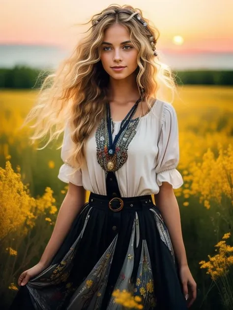 best quality,masterpiece,((a {British} woman)),<lora:Bohemain_v1.1-000009:0.8>,pendant,jewelry,white dress,straight hair,braid, blue eyes,light smile,upper body,((messy hair)),(grassland),(yellow eyes),incredibly absurdres,(gold hair),floating hair,Large number of environments,the medieval ,grace,prospect,water eyes,wind,breeze,god ray,lawn,Mountains and lakes in the distance,The sun shines through the trees,A vast expanse of grassland,beautiful detailed glow, floating ashes, beautiful and detailed explosion, red moon, fire, fire cloud, wings on fire, a cloudy sky, smoke of gunpowder, burning, black dress, dove of peace, (floating cloud:1.2),(water bloom), (delicate glow),  (breeze), long   Flowers meadow,(((sunset)), (less stars form a circle), randomly distributed clouds, (rivers), (willows with branches falling into the water),mazinger,head  scarf,