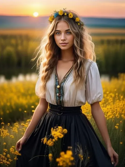 best quality,masterpiece,((a {British} woman)),<lora:Bohemain_v1.1-000009:0.8>,pendant,jewelry,white dress,straight hair,braid, blue eyes,light smile,upper body,((messy hair)),(grassland),(yellow eyes),incredibly absurdres,(gold hair),floating hair,Large number of environments,the medieval ,grace,prospect,water eyes,wind,breeze,god ray,lawn,Mountains and lakes in the distance,The sun shines through the trees,A vast expanse of grassland,beautiful detailed glow, floating ashes, beautiful and detailed explosion, red moon, fire, fire cloud, wings on fire, a cloudy sky, smoke of gunpowder, burning, black dress, dove of peace, (floating cloud:1.2),(water bloom), (delicate glow), (breeze), long Flowers meadow,(((sunset)), (less stars form a circle), randomly distributed clouds, (rivers), (willows with branches falling into the water),mazinger,Boater hat,