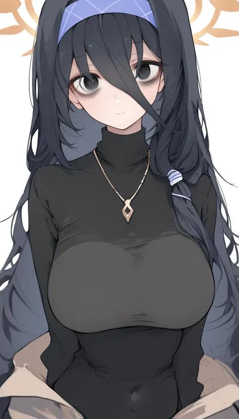 Shizuku Murasaki, 1girl, black hair, short hair, glasses, large breast, ((tight black long sleeve turtleneck shirt, underboob, torn clothes:1.2)), (upper body, looking at view), (masterpiece, high resolution, best quality, anime colored, 8k, photorealistic), denim, inverted cross chain necklace, (perfect detailed anatomy, beautiful detailed eyes&hair, beautiful detailed body&breast)