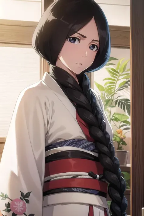 unohana, <lyco:unohana-lyco-nochekaiser:1>,
unohana, long hair, black hair, braid, (single braid:1.5), (black eyes:1.5),
BREAK japanese clothes, kimono, single braid,
BREAK looking at viewer, full body,
BREAK indoors,
BREAK <lyco:GoodHands-beta2:1>, (masterpiece:1.2), best quality, high resolution, unity 8k wallpaper, (illustration:0.8), (beautiful detailed eyes:1.6), extremely detailed face, perfect lighting, extremely detailed CG, (perfect hands, perfect anatomy),