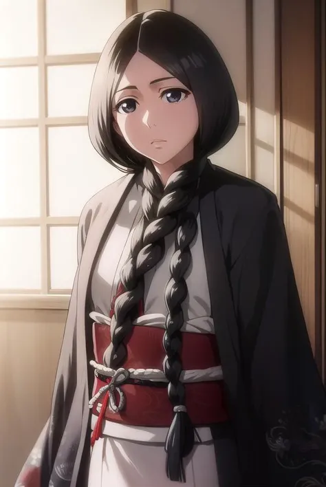 unohana, <lyco:unohana-lyco-nochekaiser:1>,
unohana, long hair, black hair, braid, (single braid:1.5), (black eyes:1.5),
BREAK japanese clothes, kimono, single braid,
BREAK looking at viewer, full body,
BREAK indoors,
BREAK <lyco:GoodHands-beta2:1>, (masterpiece:1.2), best quality, high resolution, unity 8k wallpaper, (illustration:0.8), (beautiful detailed eyes:1.6), extremely detailed face, perfect lighting, extremely detailed CG, (perfect hands, perfect anatomy),