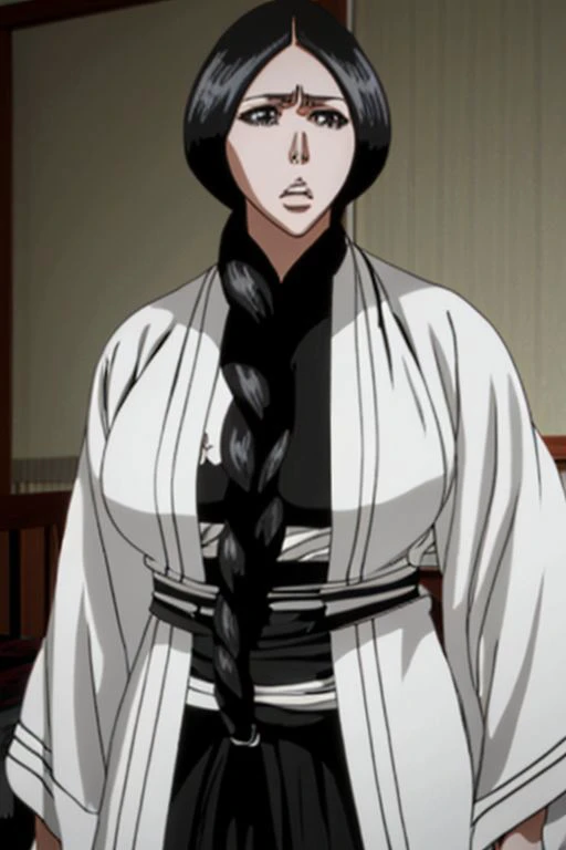 Bleach style, unohana, unhana a character from anime name bleach, long hair, black hair, braid, single braid, big breast, huge round breast, erect nipple, intricate detail, japanese clothes, kimono, bedroom background, detailed shot, intricate detail