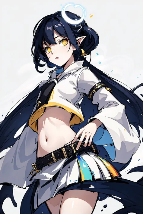 solo, pale color theme, simple background, white theme background,
ff gradient dark blue hair, rainbow order yellow sclera, excited, black uniform, midriff,
first-person view,