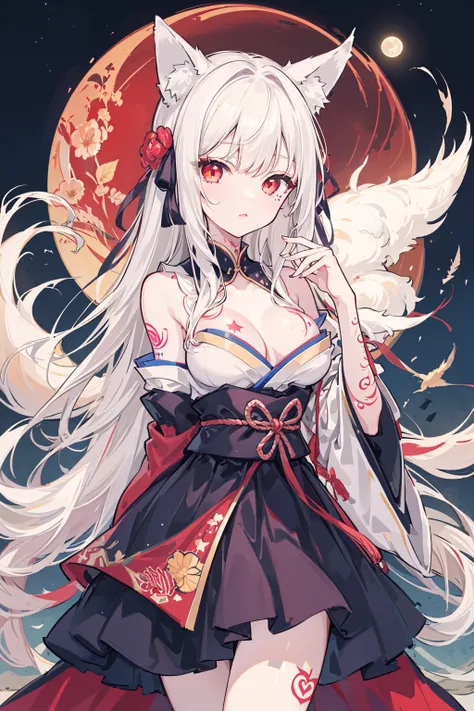 1girl, moon, bird, star_\(sky\), long_hair, starry_sky, (((white_hair))), animal, wide_sleeves, night, flower, night_sky, holding, very_long_hair, full_moon, looking_at_viewer, ribbon_trim, ribbon-trimmed_sleeves, long_sleeves, skirt, red_eyes, solo, japanese_clothes, sky,<lora:seeThroughSwimsuitAnd_seeThroughSwimsuitV1:1>,((medium breasts)), (((Pornographic tattoo))),fox ears, fox tail, fox girl,